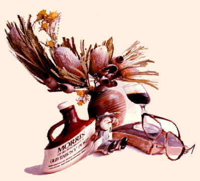 Still Life set-up of pottery, native flowers, wine, a swagman clay model.